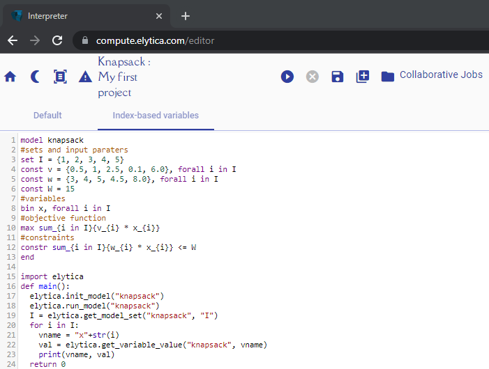 Tutorial 2: Index-based variables (Knapsack) – elytica